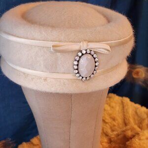 Vintage Ivory Wool Dress Hat with Rhinestone & Pearl Brooch and Satin Ribbon, Ha